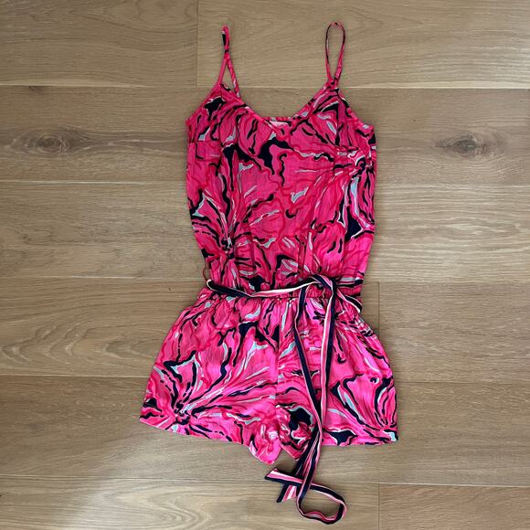 Lilly Pulitzer Deanna Hop Pink Tropical Floral Romper XXS - Picture 2 of 6